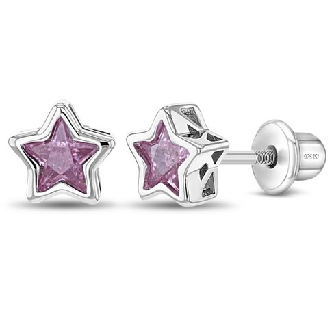 Girls' CZ Bezel Star Screw Back Sterling Silver Earrings - Pink - In Season  Jewelry