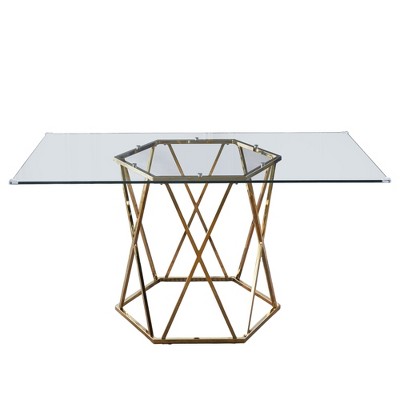 HomeRoots 63" Clear and Gold Glass and Metal Geo Pedestal Base Dining Table