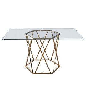 HomeRoots 63" Clear and Gold Glass and Metal Geo Pedestal Base Dining Table - 1 of 4