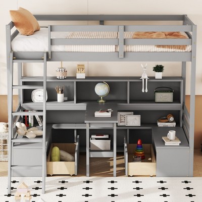 NicBex Twin Loft Bed Wooden Bed Frame with Storage Shelf, Desk, 2 Drawers, 2 Benches, Ladder and Full Length Guardrail, No Box Spring Required, Gray