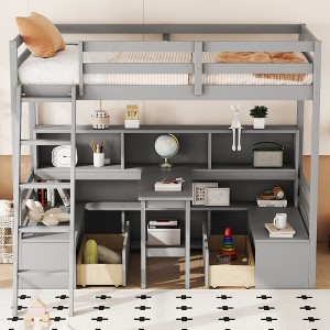 NicBex Twin Loft Bed Wooden Bed Frame with Storage Shelf, Desk, 2 Drawers, 2 Benches, Ladder and Full Length Guardrail, No Box Spring Required, Gray - 1 of 4