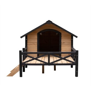 Cesicia Brown 43.6" L x 66.9" W x 32.7" H Unique All-Around Iron Frame,Outdoor Large Wooden Cabin House Style Wooden Dog Kennel with Porch - 1 of 4