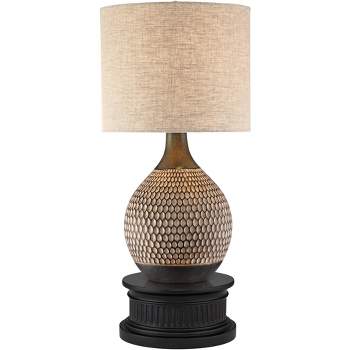360 Lighting Emma Modern Mid Century Table Lamp with Black Round Riser 25 1/4" High Wood Brown Ceramic Oatmeal Shade for Bedroom Living Room Bedside