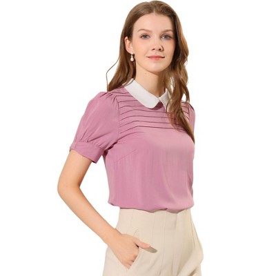 INSPIRE CHIC Women's Vintage Peter Pan Collar Contrast Puff Short Sleeve Blouse