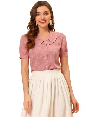 INSPIRE CHIC Women's Vintage Polka Dots Peter Pan Collar Puff Short Sleeve Shirt