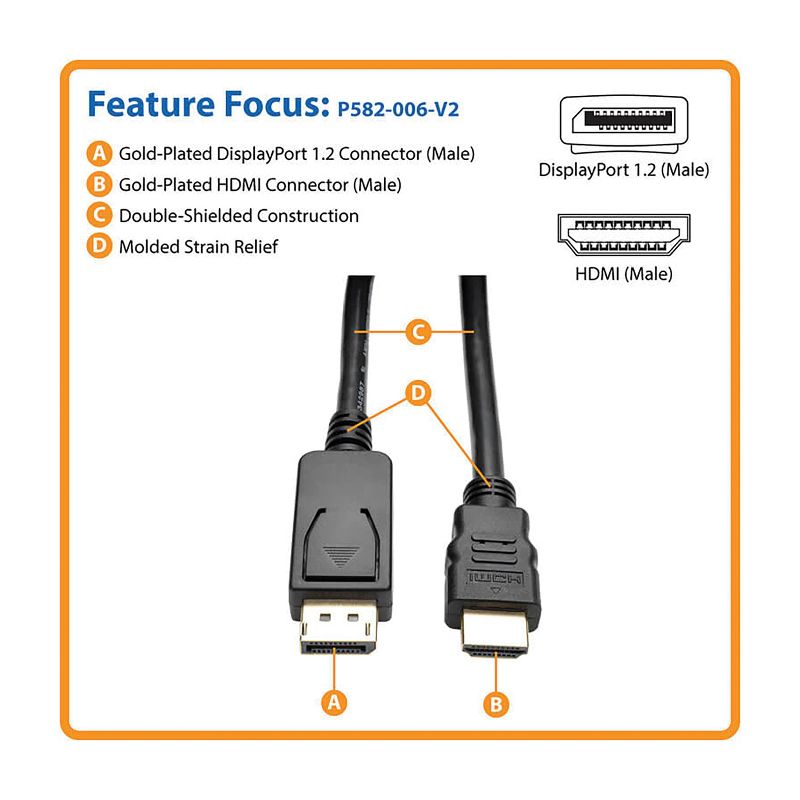Tripp Lite DisplayPort™ 1.2 with Latches to HDMI® M/M Adapter Cable, 4K, 6-Ft., 4 of 6