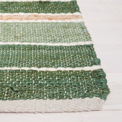 6'6" Square Green and Natural Wool Striped Kilim Rug