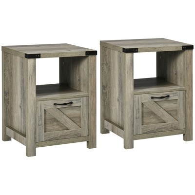 HOMCOM Farmhouse Side Table with 1 Drawer, 1 Open Shelf and Tabletop for Living Room, Set of 2, Gray Oak