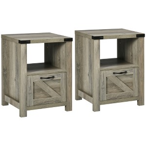HOMCOM Farmhouse Side Table with 1 Drawer, 1 Open Shelf and Tabletop for Living Room, Set of 2, Gray Oak - 1 of 4