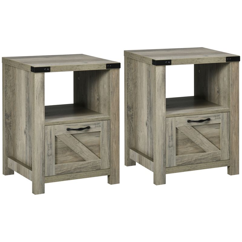HOMCOM Farmhouse Side Table with 1 Drawer, 1 Open Shelf and Tabletop for Living Room, Set of 2, Gray Oak, 1 of 7