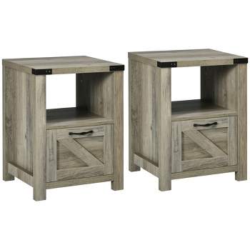 HOMCOM Farmhouse Side Table with 1 Drawer, 1 Open Shelf and Tabletop for Living Room, Set of 2, Gray Oak