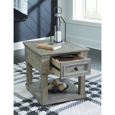 Beige Rectangular Wood End Table with Storage