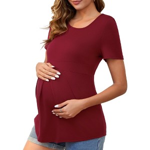 INSPIRE CHIC Women's Maternity Top Short Sleeve Crewneck Wrinkle Design Blouse Waist Tiered Pregnancy T-Shirt - 1 of 4