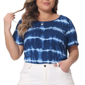 Agnes Orinda Women's Plus Size Tie Dye Short Sleeve Casual Round Neck Pleated Summer Blouse - 1 of 3