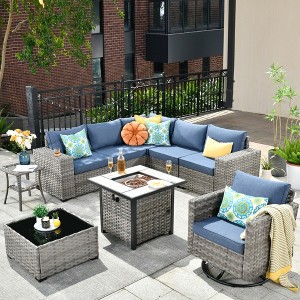 XIZZI 9-Piece Wicker Outdoor Patio Fire Pit Sectional Sofa Set with Cushions, All Weather Conversation Couch Set and Swivel Rocking Chairs - 1 of 4