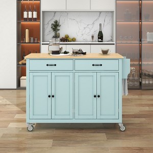 PexFix 54.3 Inch Kitchen Island Cart with Solid Wood Top and Locking Wheels 4 Door Cabinet and Two Drawers & Spice Rack & Towel Rack Green - 1 of 4
