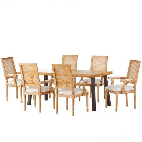 7pc Chatau Farmhouse Fabric Upholstered Wood And Cane Dining Set