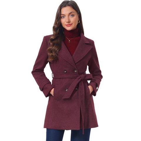 Женские куртки INSPIRE CHIC Women's Lapel Collar Long Sleeves Double-Breasted Elegant Office Work Pea Coats with Belt Small Burgundy