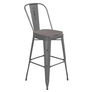 Emma and Oliver Clear Coated Metal Stool with Backrest and Polyresin Seat for Indoor Use Only - 1 of 4