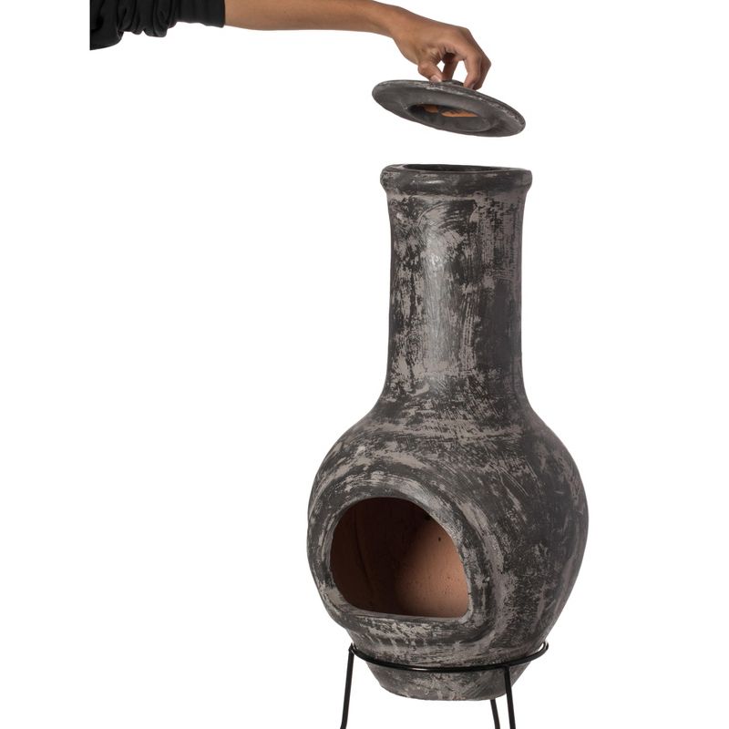Vintiquewise Outdoor Stoney Grey Clay Chimenea Scribbled Design Fire Pit with Metal Stand, 4 of 9