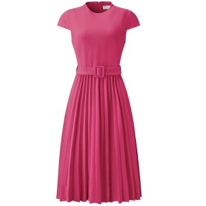 INSPIRE CHIC Women's Mock Neck Cap Sleeve Belted A-Line Midi Pleated Dresses - 1 of 4