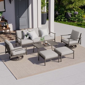 HAPPATIO 6 Pieces Aluminum Outdoor Conversation Set with 1 Three-Seater Sofa, Coffee Table, 2 Swivel Chairs and Ottomans - 1 of 4