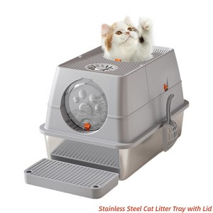 Stainless Steel Cat Litter Tray with Lid, Extra Large Metal Litter Box with High Sided Enclosure & Scoop, Easy to Clean - 1 of 4