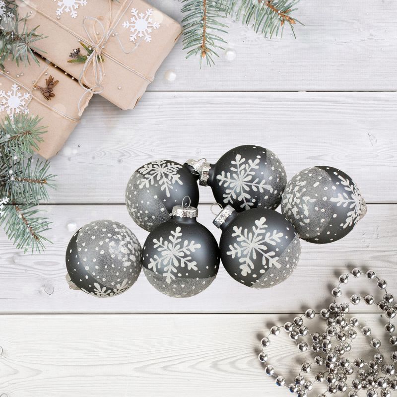 Northlight Set of 6 Gray and White Snowflake Glass Christmas Ball Ornaments 4" (101mm), 2 of 5