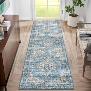 Washable Vintage Rug Distressed Floral Print Retro Accent Mat Non Slip Low Pile Carpet for Large Spaces Bedroom - 1 of 4
