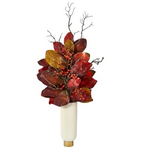 Nearly Natural 38-in Autumn Magnolia Leaf with Berries Artificial Plant in Cream Planter with Gold Base - 1 of 3