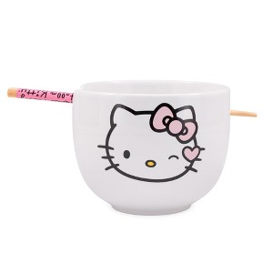 Silver Buffalo Sanrio Hello Kitty Winking 20-Ounce Ceramic Ramen Bowl With Chopsticks - 1 of 4