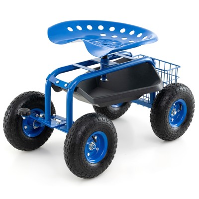 Tangkula Rolling Garden Cart Wagon Scooter w/ 360° Swivel Seat & Storage Tray & Basket