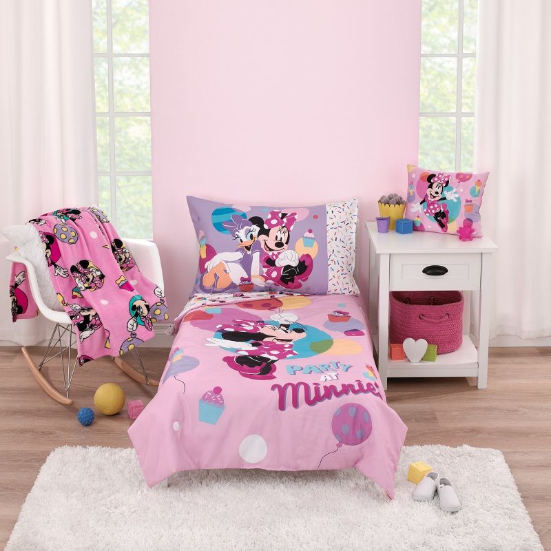 Disney Minnie Mouse Let's Party Pink, Lavender, and Yellow Balloons, Ice-cream Cones, Cupcakes, and Confetti Super Soft Toddler Blanket, 5 of 6