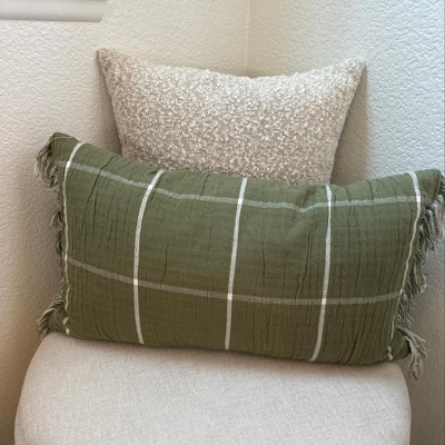 Handwoven solid olive green w/ green stripe cotton throw pillow