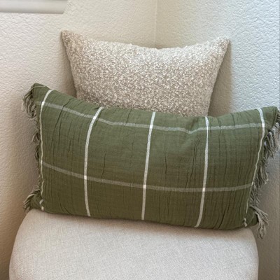 Handwoven solid olive green w/ green stripe cotton throw pillow,  double-sided, lumbar, square, rectangle boho style decorative cushion YY104