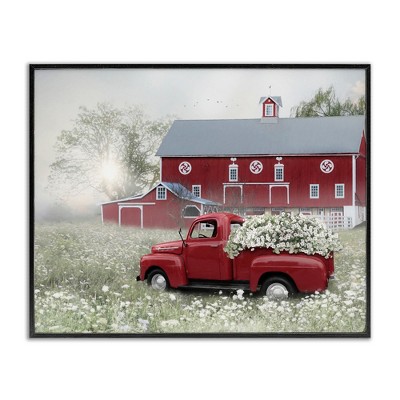 Stupell Industries Red Truck Floral Country Meadow Black Framed Giclee Art