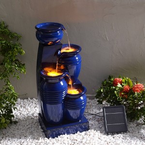 Teamson Home 28.74" 4-Tier Cascading Bowl Solar Powered Polyresin Waterfall Fountain Navy: Outdoor Garden Decor, Lit Feature - 1 of 4