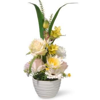 17" Artificial Daisy & Rose Floral Arrangement in White Pot - National Tree Company