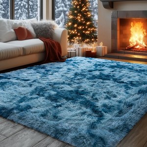 Extra Large Plush Shag Area Rug, 1.7" Thick Ultra Soft Non-Slip Tie-Dye Peacock Blue Mat - 1 of 4