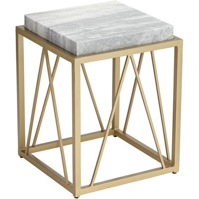 Gold and White Marble Square Accent Table with Geometric Metal Frame
