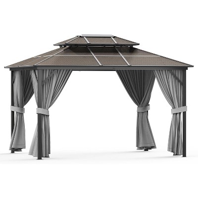 10x13 FT Heavy Duty Outdoor Gazebo, Hardtop Aluminum Patio Shelter with Double Roof, Metal Frame & Netting, All-Weather Canopy for Garden, Lawn