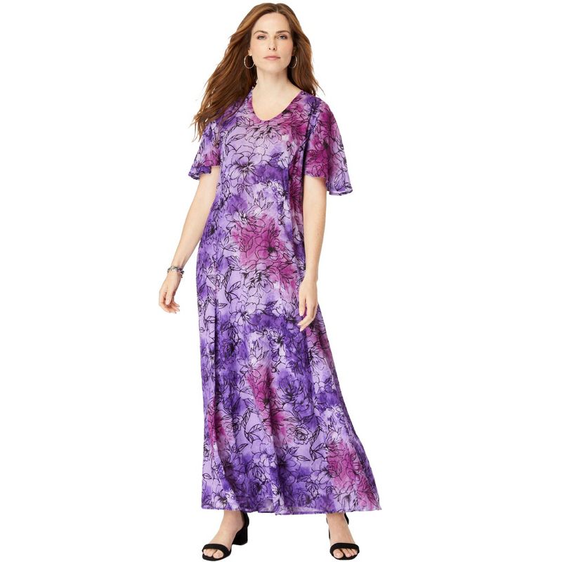 Roaman's Women's Plus Size Flutter-Sleeve Crinkle Dress, 1 of 2