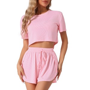 INSPIRE CHIC Women's Short Sleeve Ribbed Knit Side Slits Shorts Pajama Sets 2 Pcs - 1 of 4