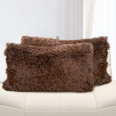 Chocolate Faux Fur Shaggy Lumbar Throw Pillows Set of 2