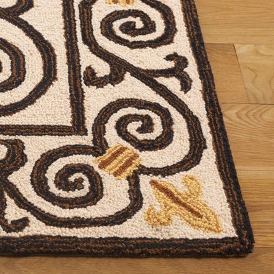 Ivory and Dark Brown Hand-Hooked Wool Area Rug