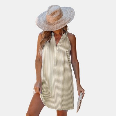 Women's Breezy Beige Striped Button-Down Dress - Cupshe