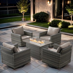 Buenhomino 5 Pieces Patio Wicker Furniture Set - 4 Outdoor Swivel Rocker Glider Chairs with Fire Pit Table, Warm Patio Conversation Set - 1 of 4