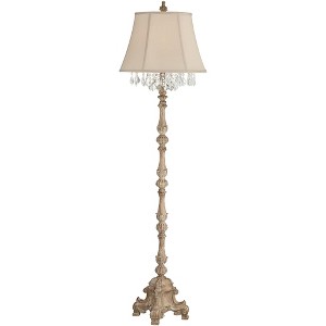 Barnes and Ivy Duval Country Cottage Floor Lamp 63 1/2" Tall Distressed Faux Wood Candlestick Crystal Glass Beading Cream Bell Shade for Living Room - 1 of 4
