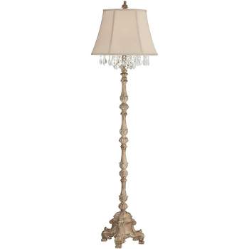 Barnes and Ivy Duval Country Cottage Floor Lamp 63 1/2" Tall Distressed Faux Wood Candlestick Crystal Glass Beading Cream Bell Shade for Living Room