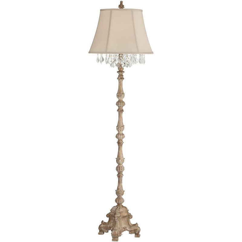 Barnes and Ivy Duval Country Cottage Floor Lamp 63 1/2" Tall Distressed Faux Wood Candlestick Crystal Glass Beading Cream Bell Shade for Living Room, 1 of 11